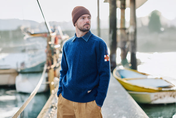 Superfine Merino Wool Cable Sweater In Navy
