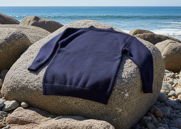 Traditional Neck Guernsey Cotton Jumper In Navy