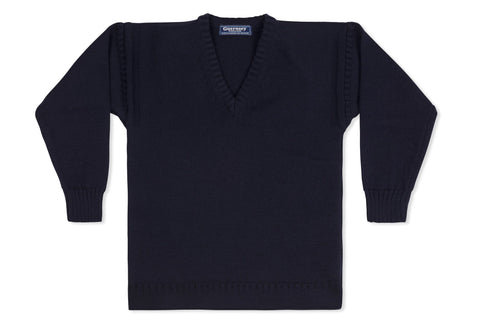 Vee Neck Guernsey Woollen In Navy-Guernsey Knitwear-Guernsey Jumper